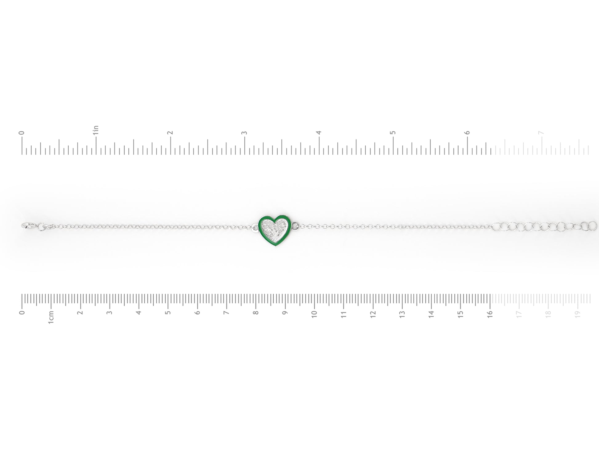 Pulseira Coração Pequeno Esmalte Verde, Filigrana Portuguesa, Prata de Lei 925 - Medidas pulseira