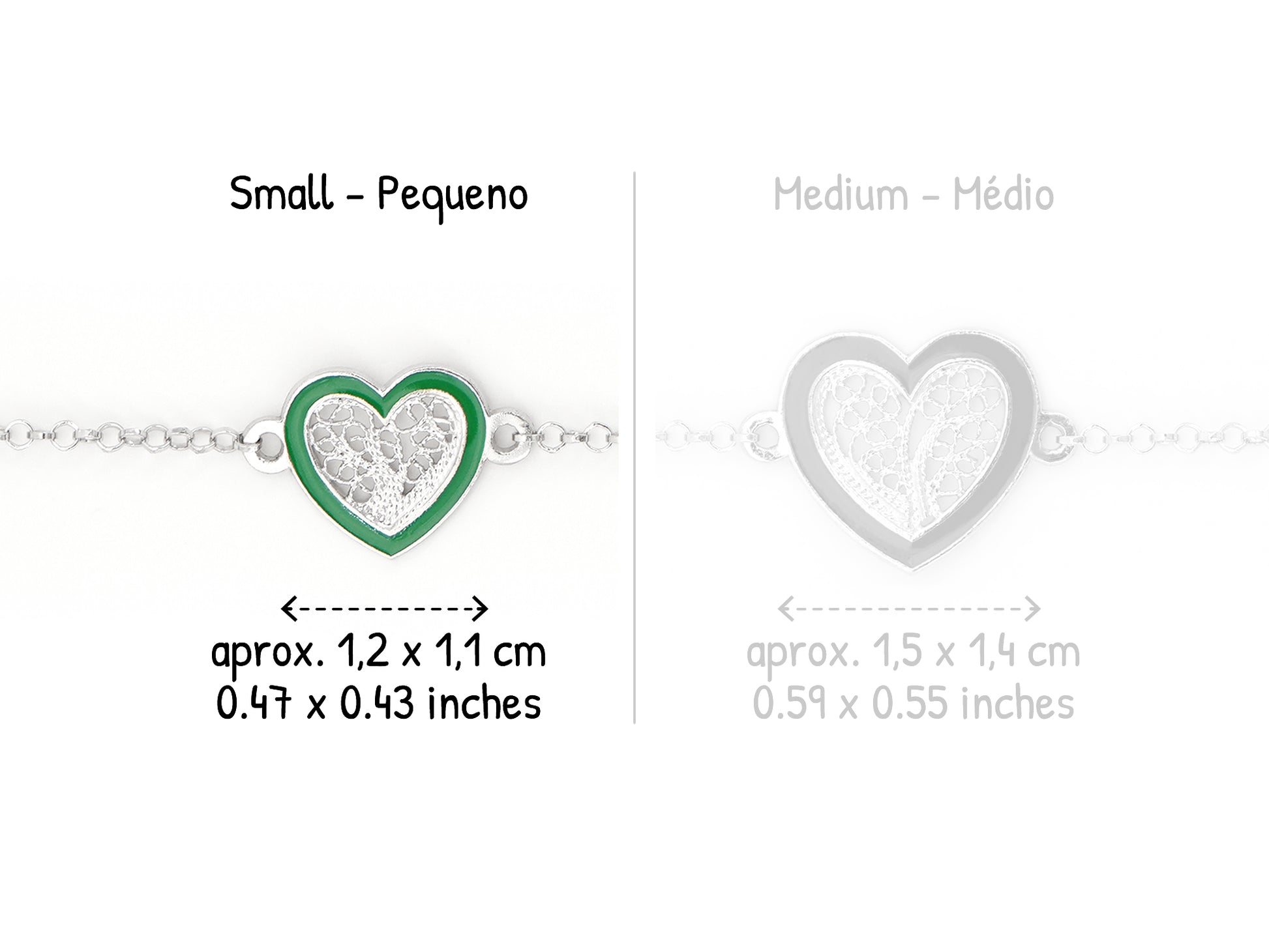 Pulseira Coração Pequeno Esmalte Verde, Filigrana Portuguesa, Prata de Lei 925 - Comparação