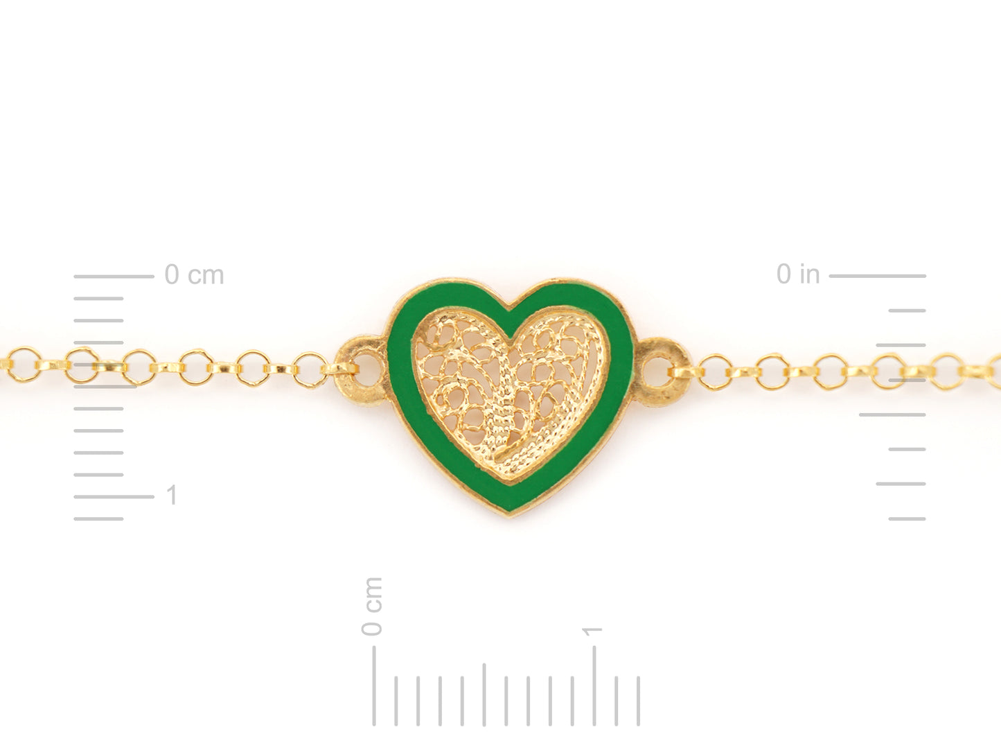 Pulseira Coração Pequeno Esmalte Verde, Filigrana Portuguesa, Prata de Lei 925 Dourada - Medidas coração