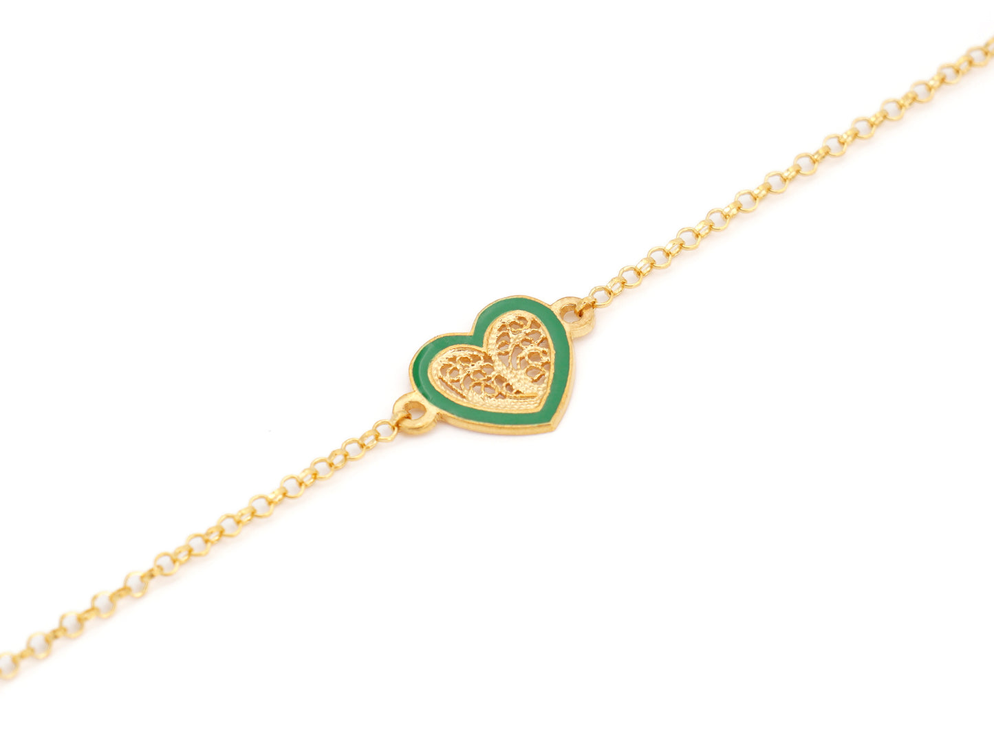 Pulseira Coração Pequeno Esmalte Verde, Filigrana Portuguesa, Prata de Lei 925 Dourada - Pormenor