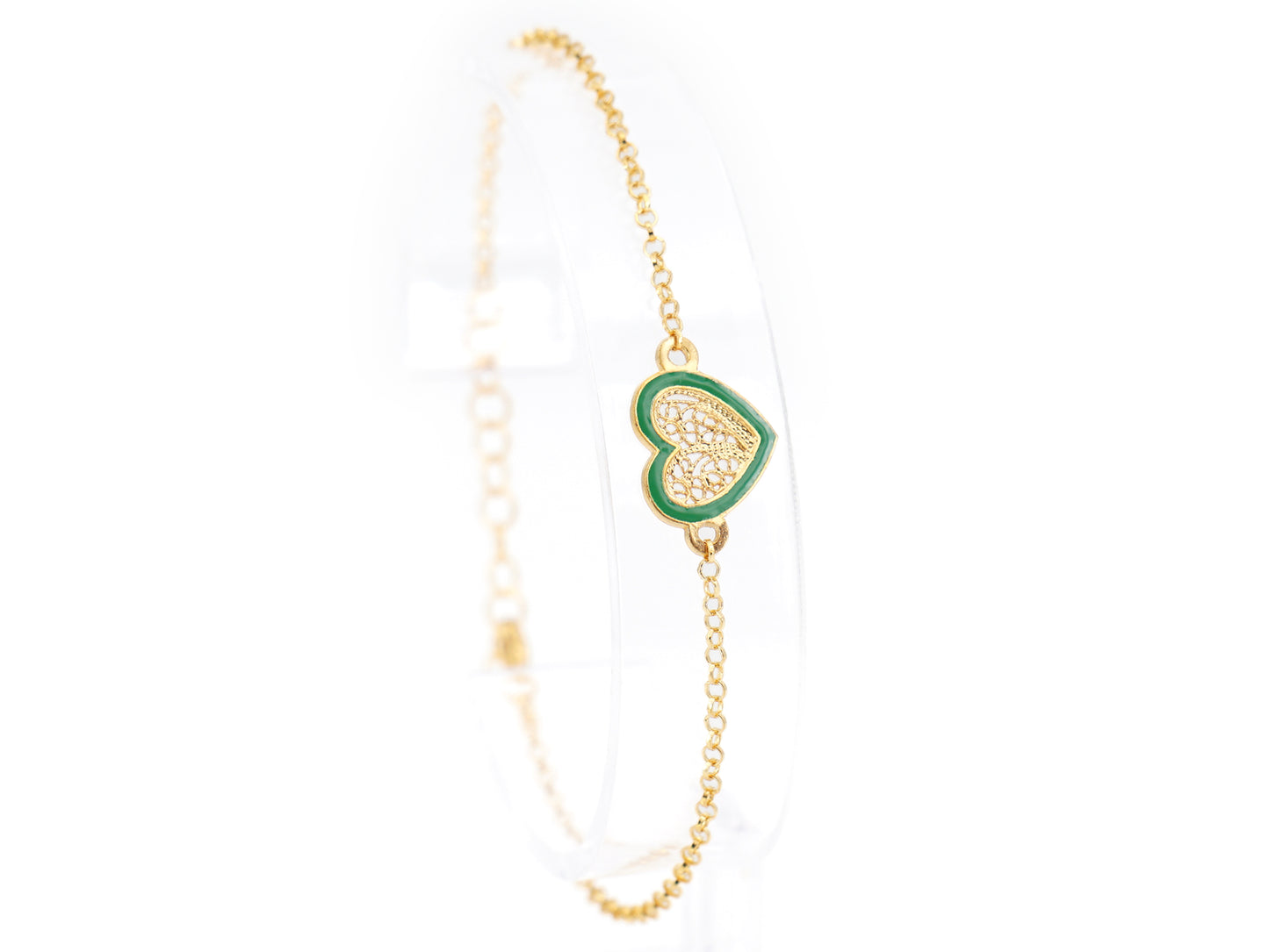 Pulseira Coração Pequeno Esmalte Verde, Filigrana Portuguesa, Prata de Lei 925 Dourada - Pulseira em exposição