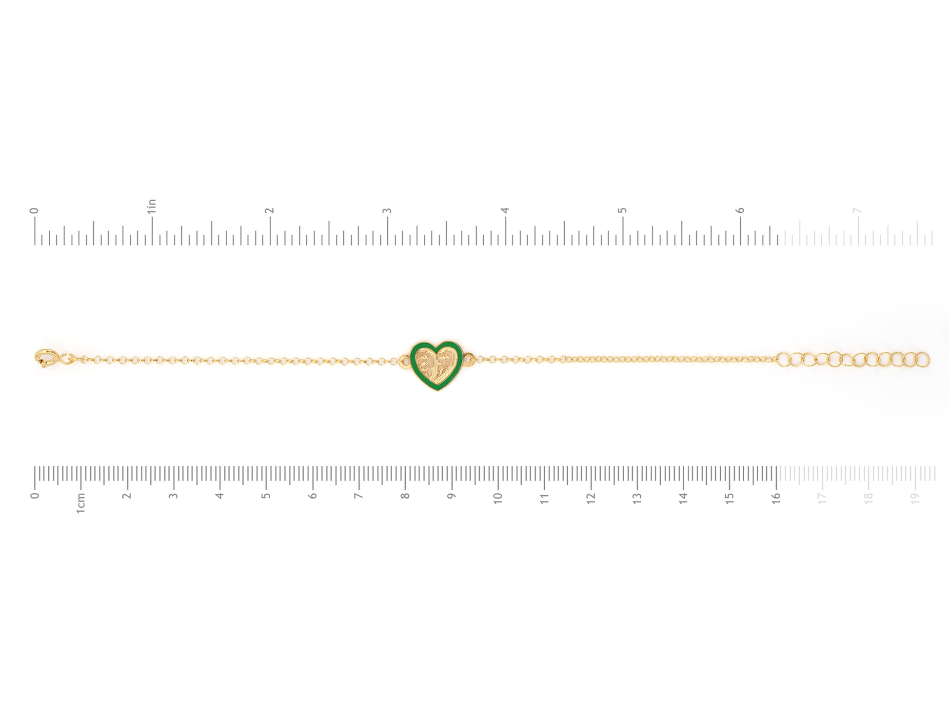 Pulseira Coração Pequeno Esmalte Verde, Filigrana Portuguesa, Prata de Lei 925 Dourada - Medidas pulseira