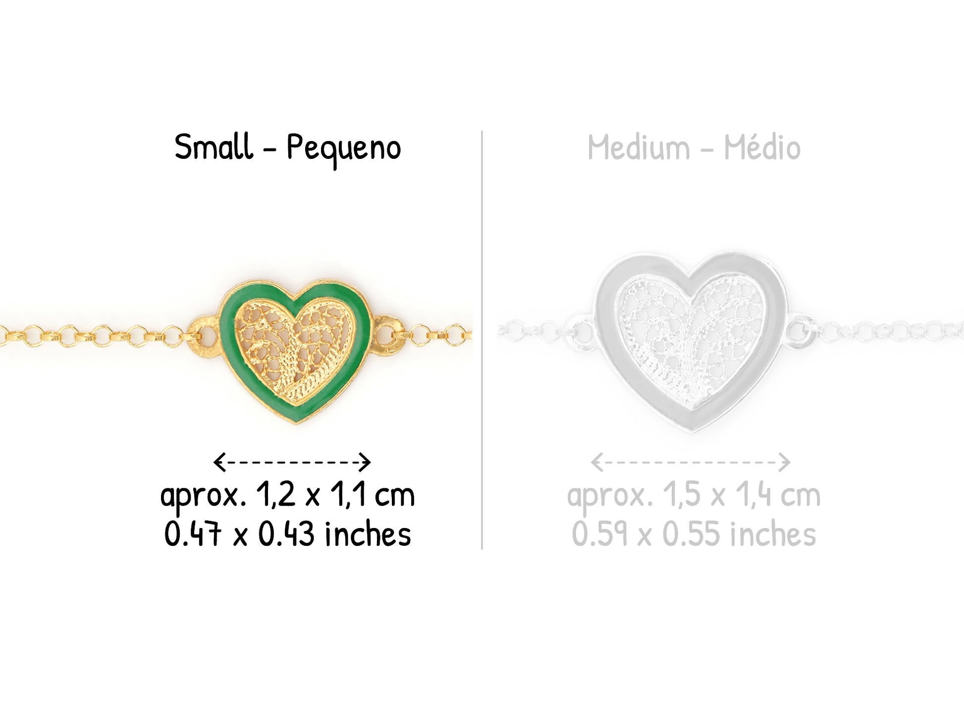 Pulseira Coração Pequeno Esmalte Verde, Filigrana Portuguesa, Prata de Lei 925 Dourada - Comparação
