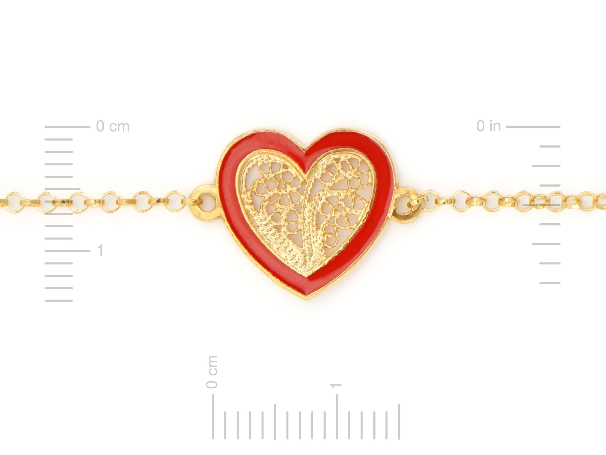 Pulseira Coração Médio Esmalte Vermelho, Filigrana Portuguesa, Prata de Lei 925 Dourada - Medidas coração