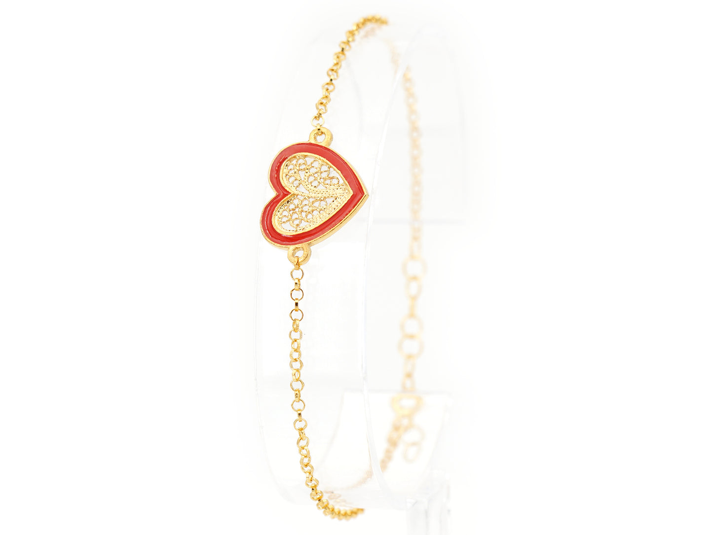 Pulseira Coração Médio Esmalte Vermelho, Filigrana Portuguesa, Prata de Lei 925 Dourada - Pulseira em exposição