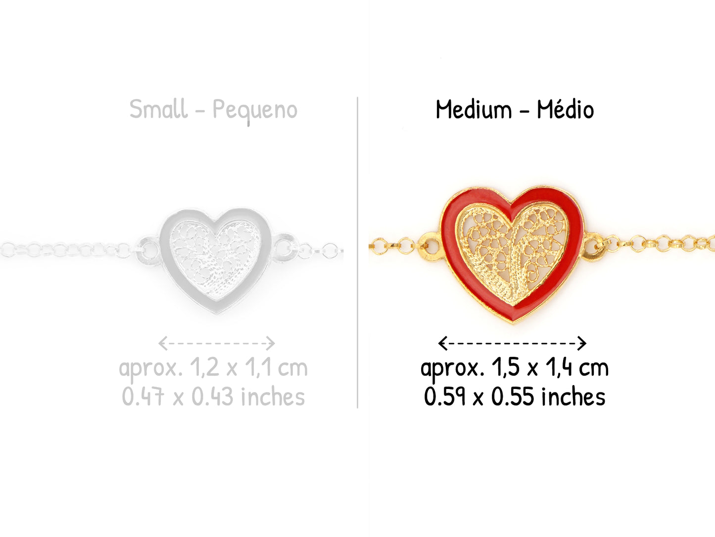 Pulseira Coração Médio Esmalte Vermelho, Filigrana Portuguesa, Prata de Lei 925 Dourada - Comparação