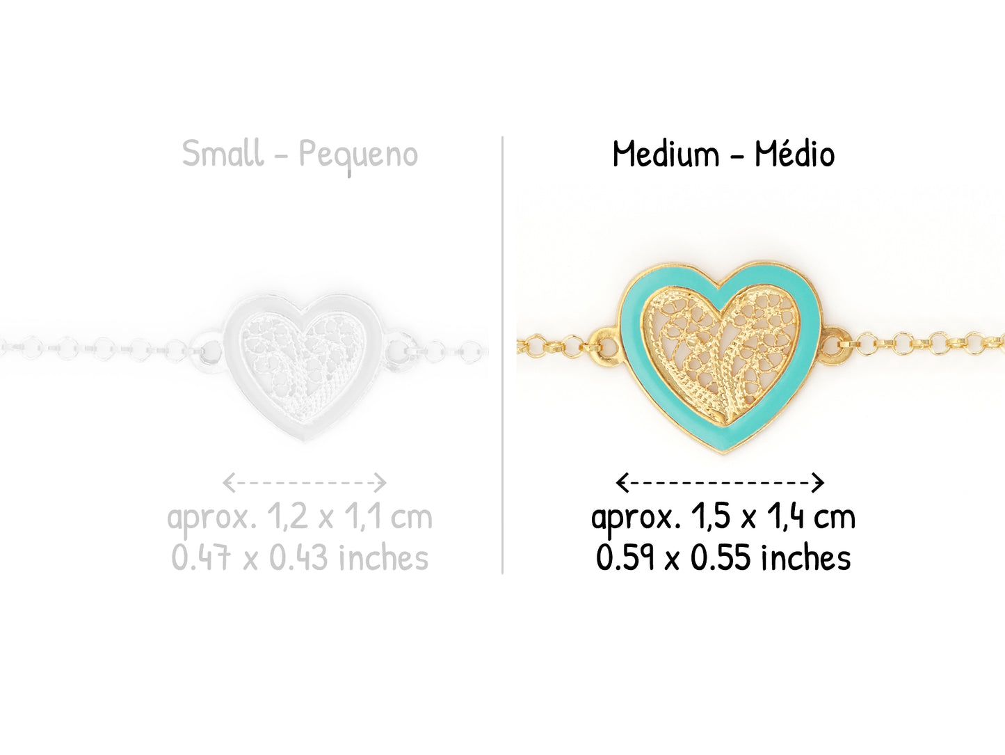 Pulseira Coração Médio Esmalte Turquesa, Filigrana Portuguesa, Prata de Lei 925 Dourada - Comparação