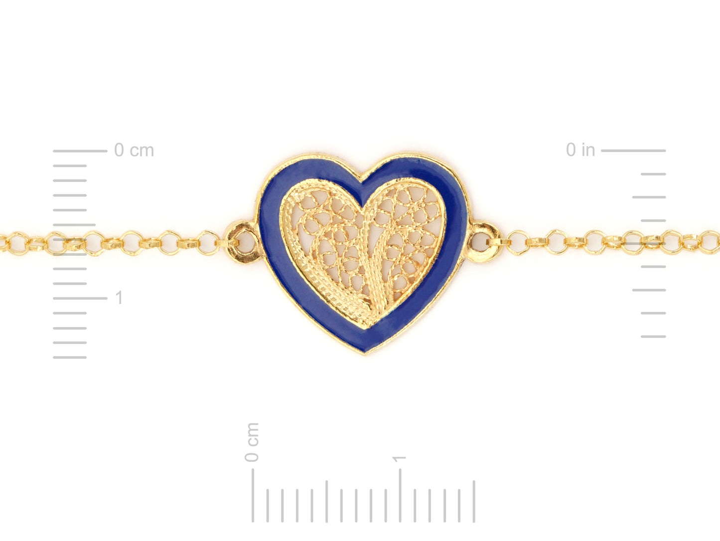 Pulseira Coração Médio Esmalte Azul, Filigrana Portuguesa, Prata de Lei 925 Dourada - Medidas coração