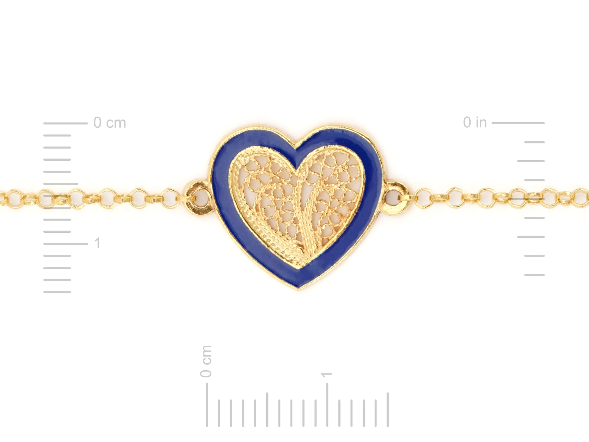Pulseira Coração Médio Esmalte Azul, Filigrana Portuguesa, Prata de Lei 925 Dourada - Medidas coração