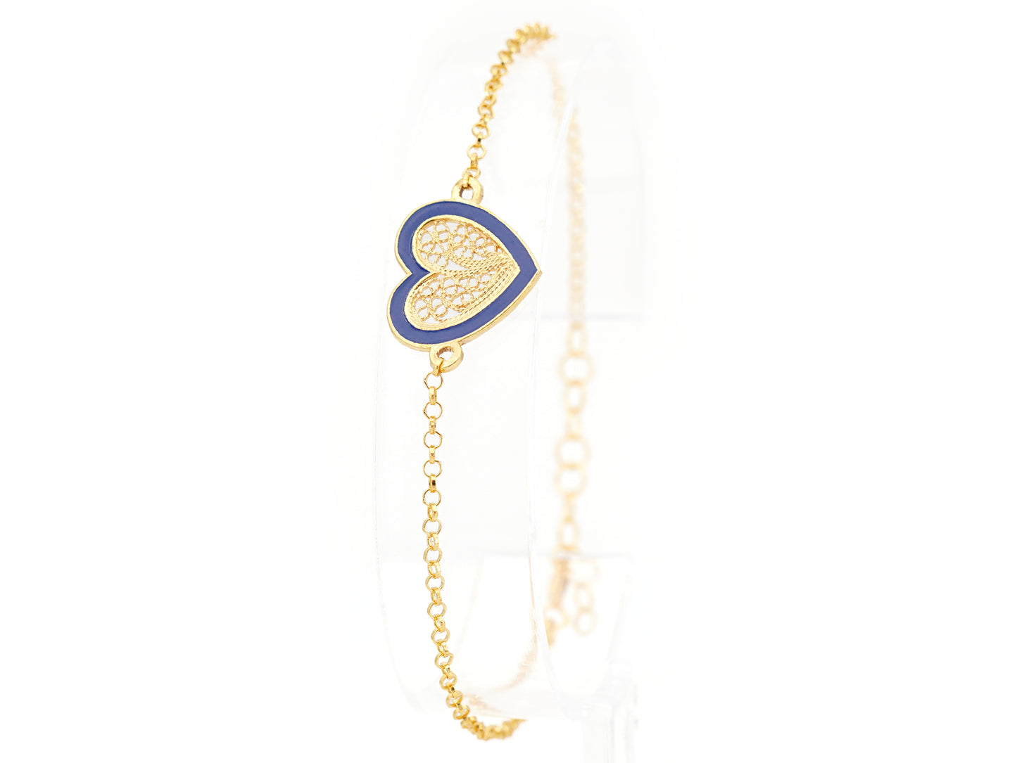 Pulseira Coração Médio Esmalte Azul, Filigrana Portuguesa, Prata de Lei 925 Dourada - Pulseira em exposição