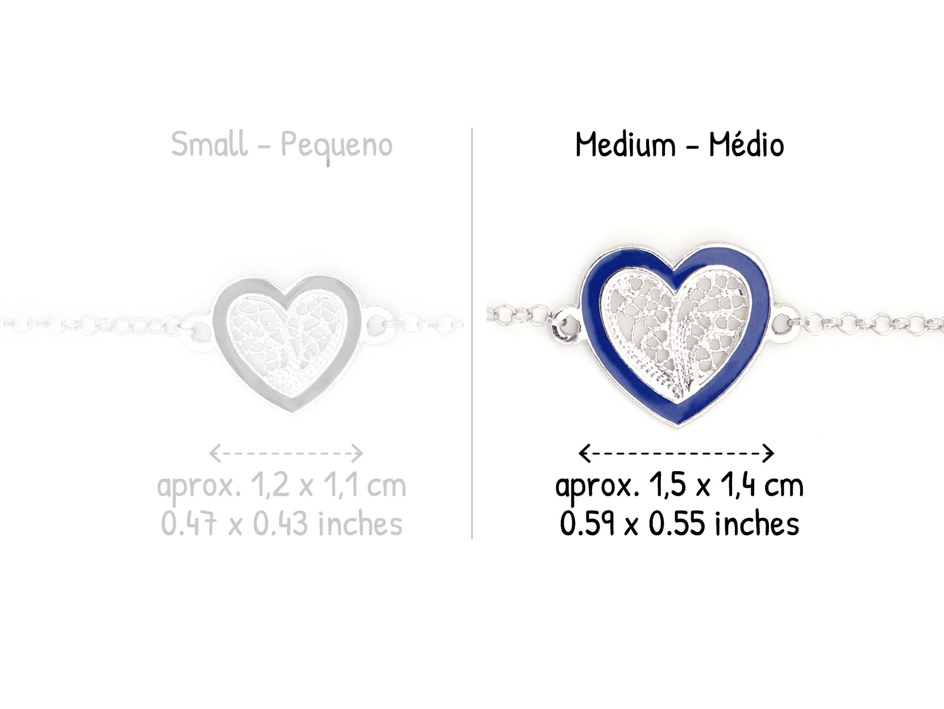 Pulseira Coração Médio Esmalte Azul, Filigrana Portuguesa, Prata de Lei 925 - Comparação