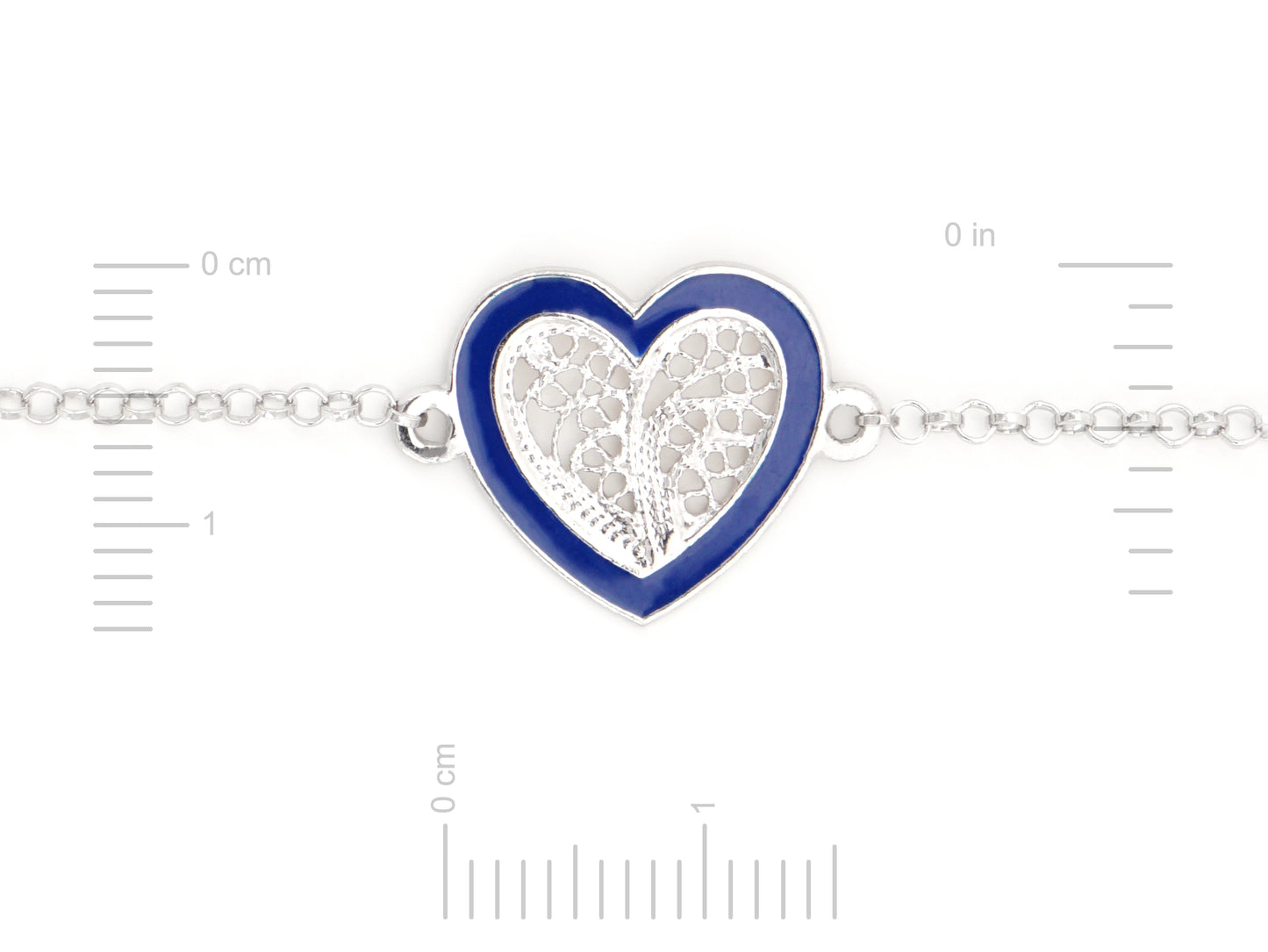 Pulseira Coração Médio Esmalte Azul, Filigrana Portuguesa, Prata de Lei 925 - Medidas coração