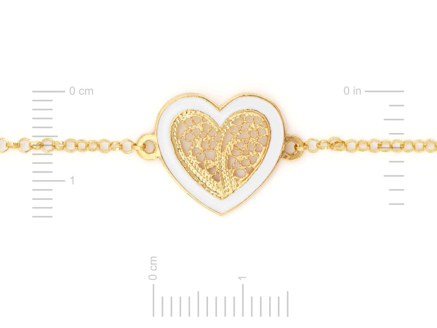 Pulseira Coração Médio Esmalte Branco, Filigrana Portuguesa, Prata de Lei 925 Dourada - Medidas coração