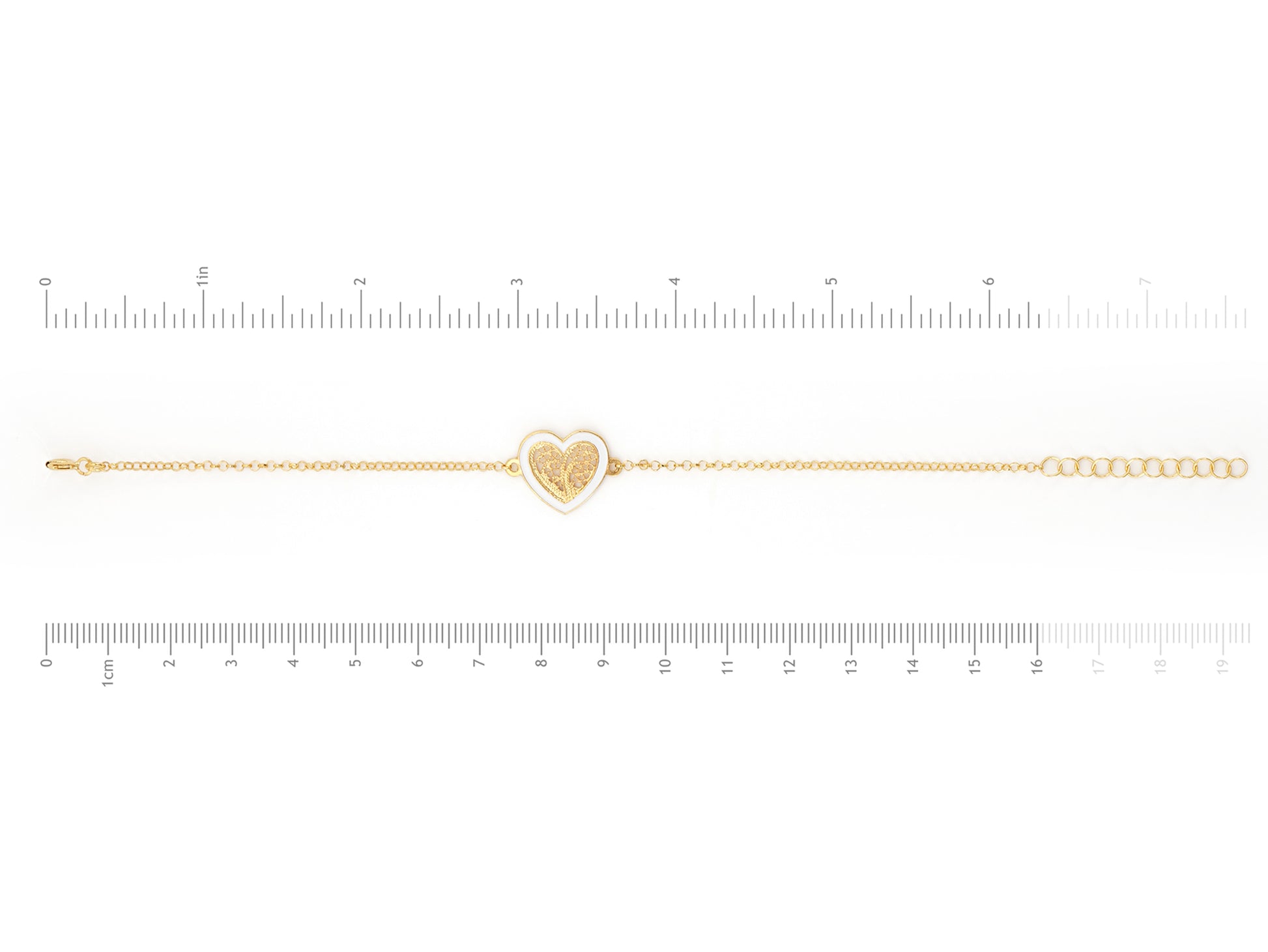 Pulseira Coração Médio Esmalte Branco, Filigrana Portuguesa, Prata de Lei 925 Dourada - Medidas pulseira