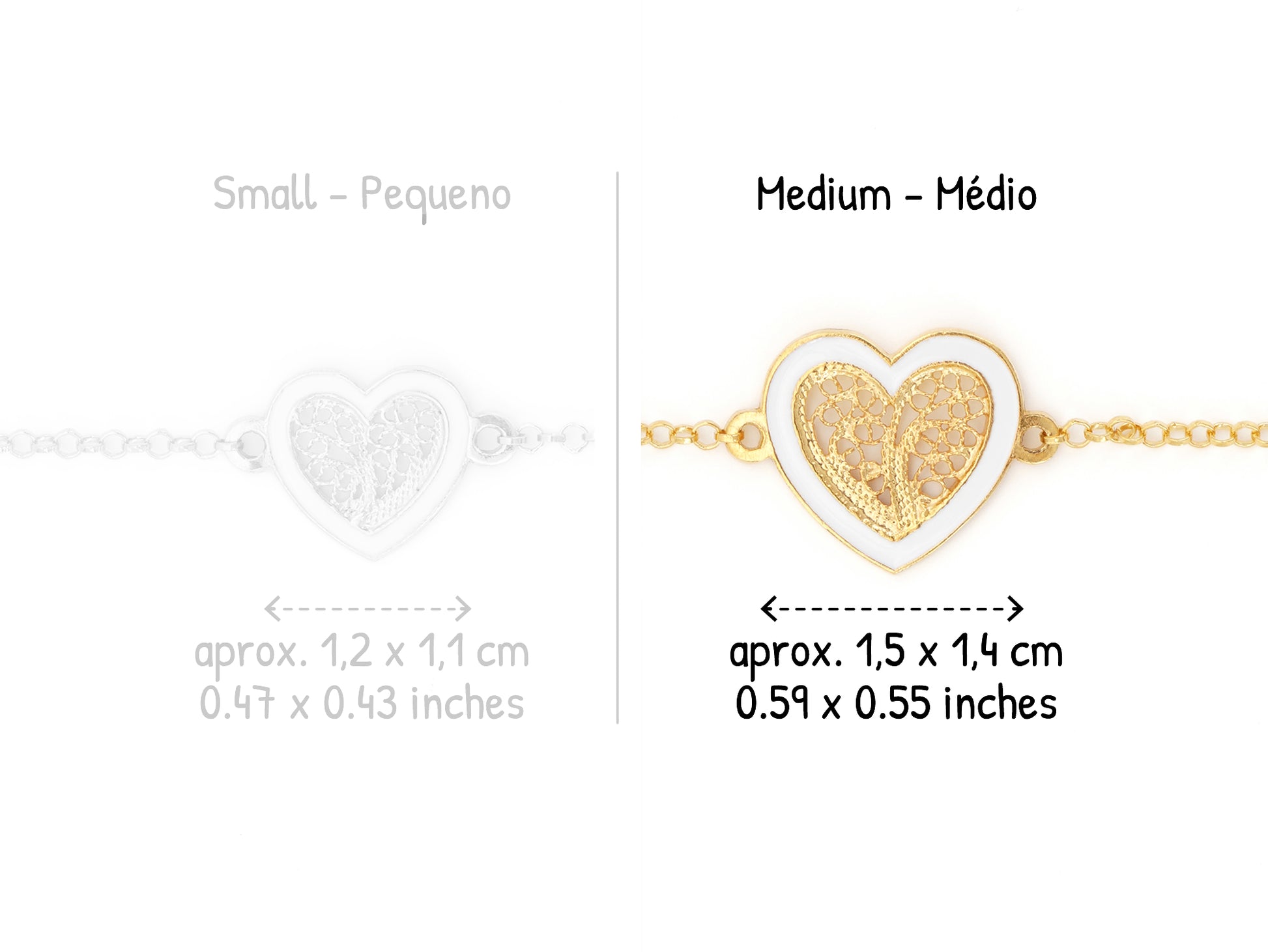 Pulseira Coração Médio Esmalte Branco, Filigrana Portuguesa, Prata de Lei 925 Dourada - Comparação