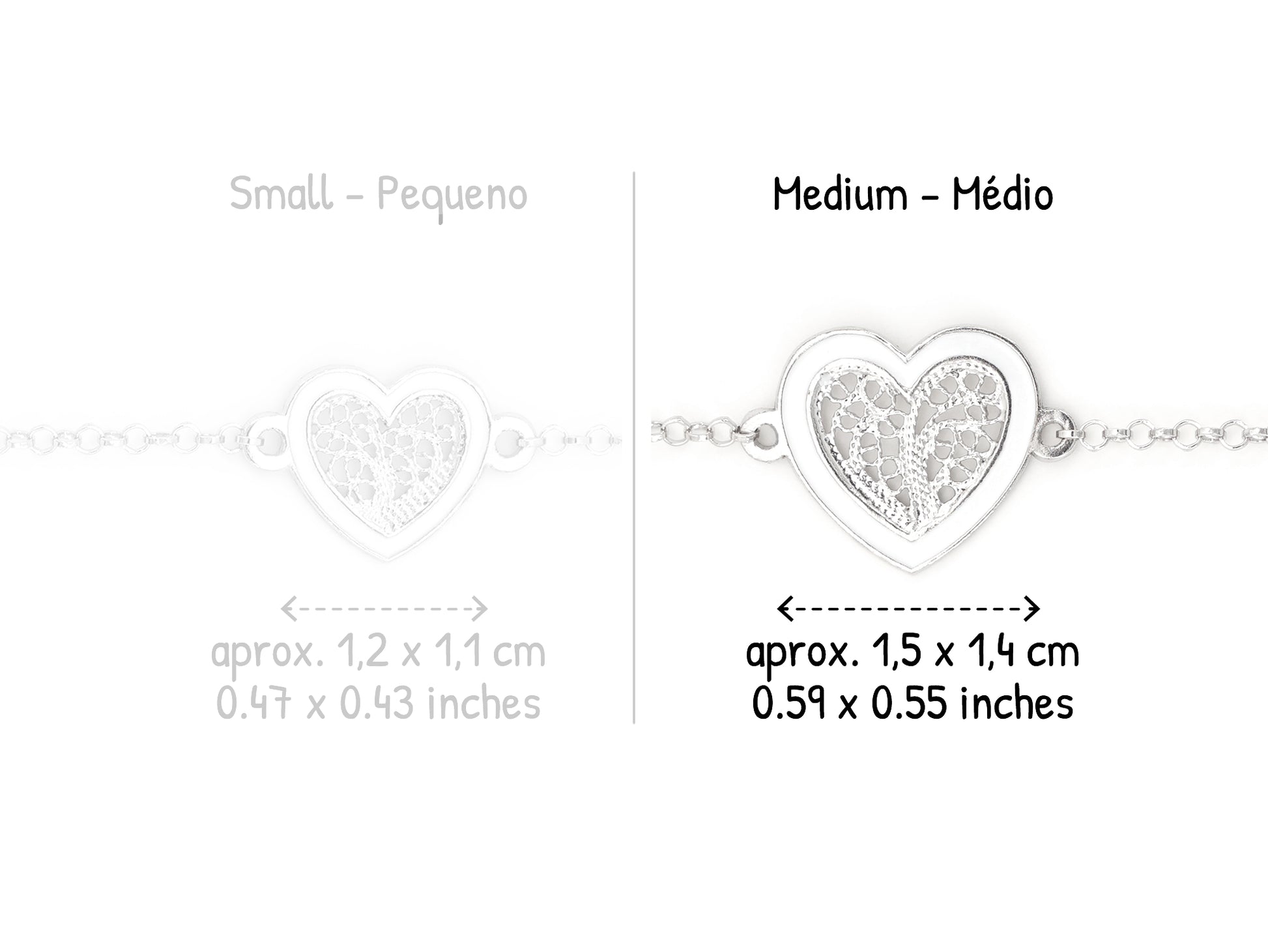 Pulseira Coração Médio Esmalte Branco, Filigrana Portuguesa, Prata de Lei 925 - Comparação