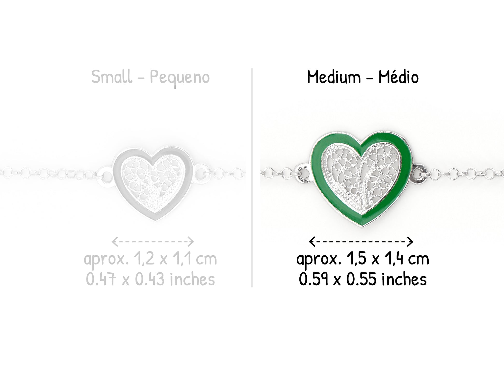 Pulseira Coração Médio Esmalte Verde, Filigrana Portuguesa, Prata de Lei 925 - Comparação