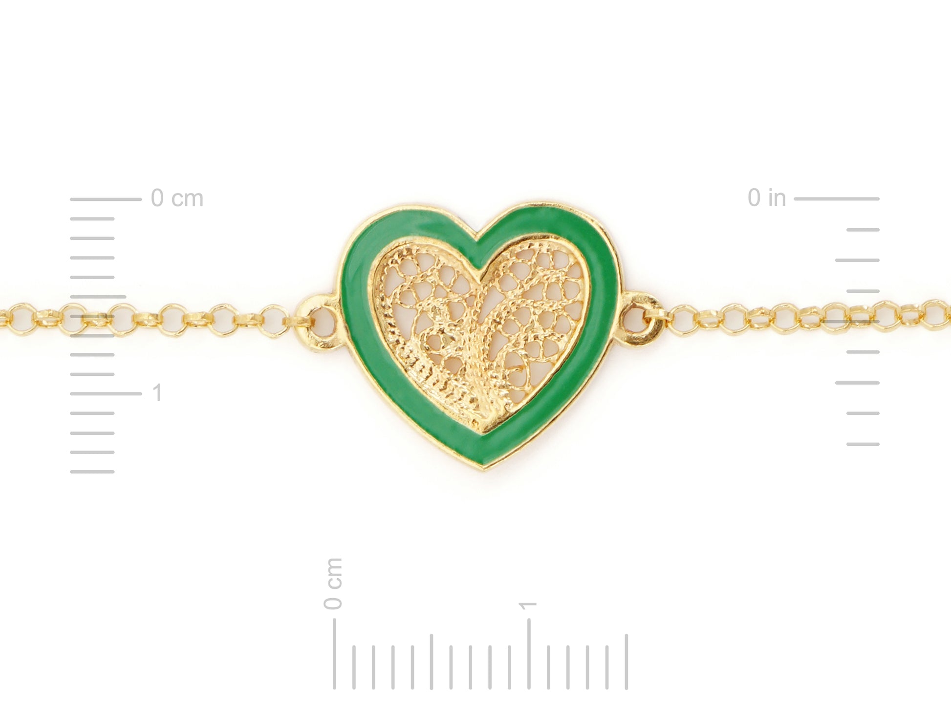 Pulseira Coração Médio Esmalte Verde, Filigrana Portuguesa, Prata de Lei 925 Dourada - Medidas coração