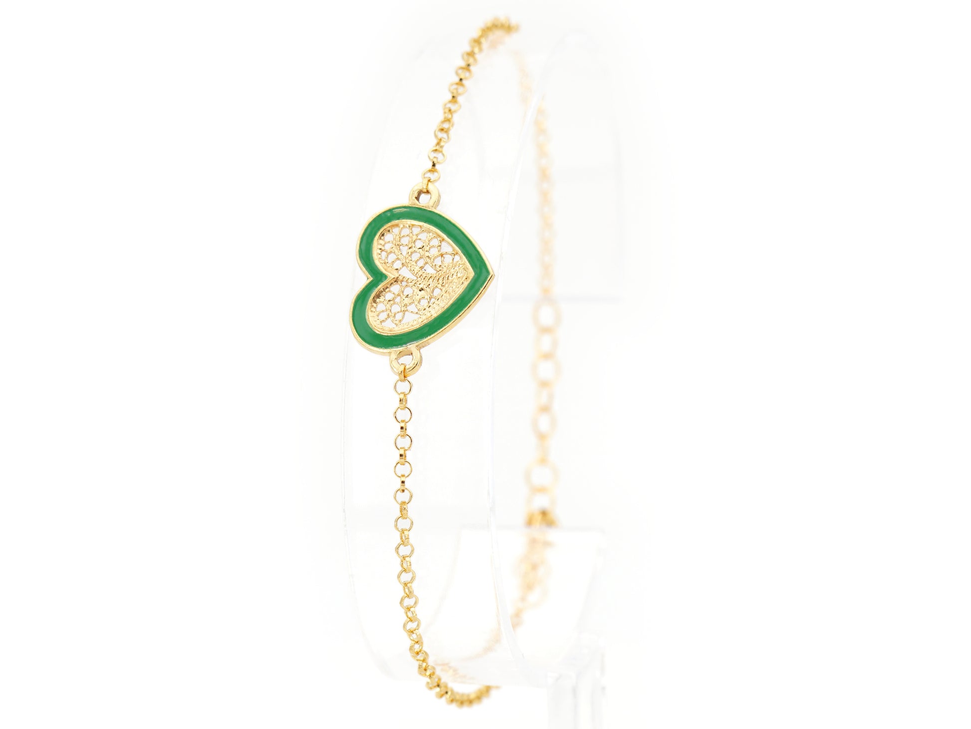 Pulseira Coração Médio Esmalte Verde, Filigrana Portuguesa, Prata de Lei 925 Dourada - Pulseira em exposição