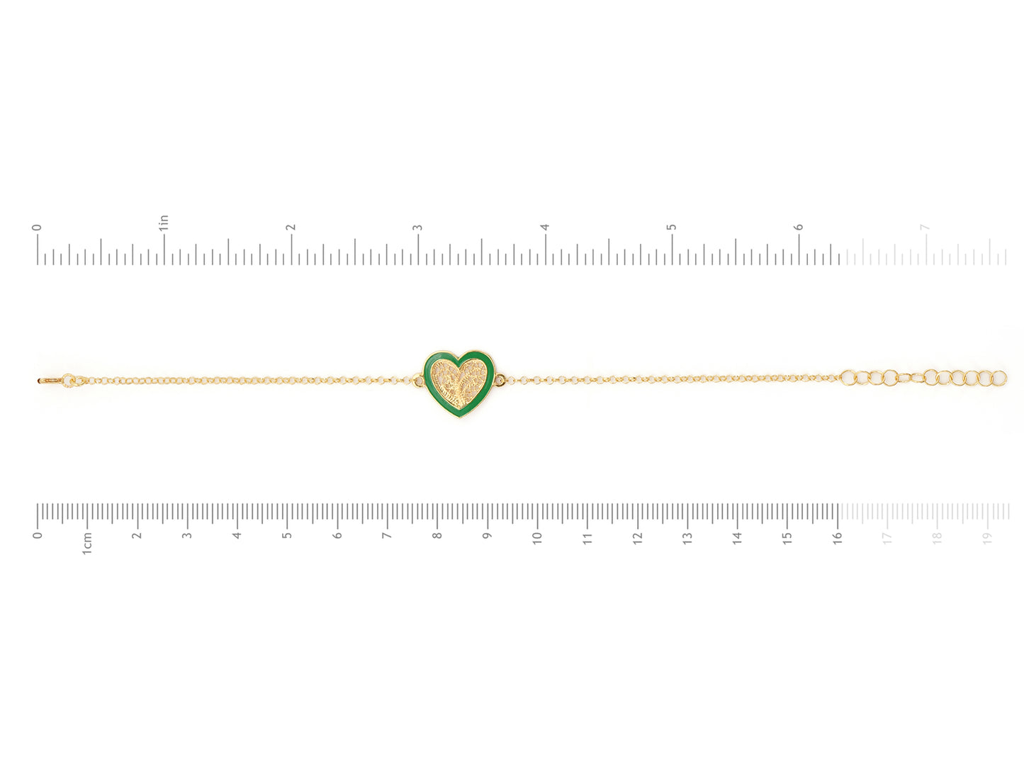 Pulseira Coração Médio Esmalte Verde, Filigrana Portuguesa, Prata de Lei 925 Dourada - Medidas pulseira