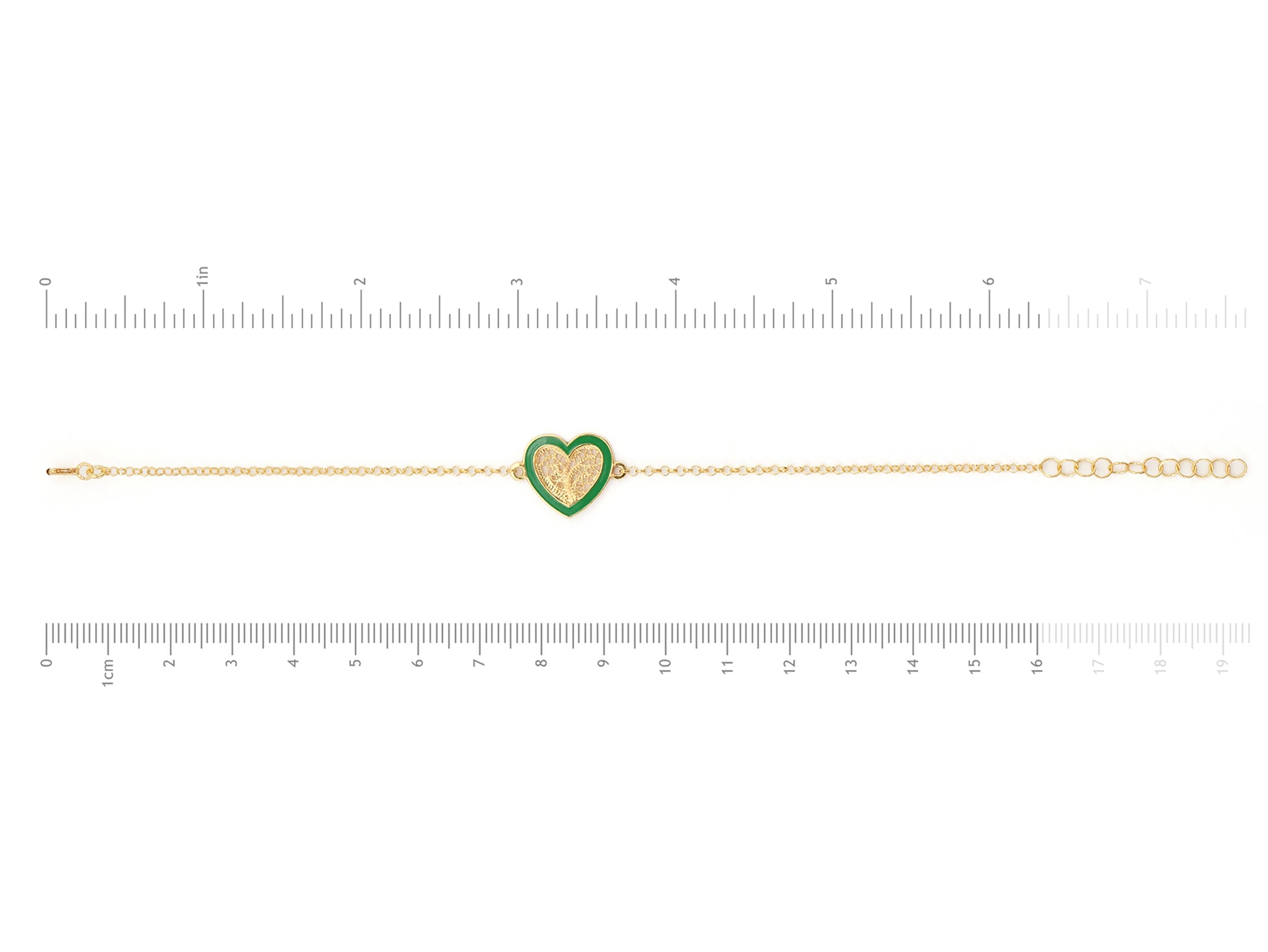 Pulseira Coração Médio Esmalte Verde, Filigrana Portuguesa, Prata de Lei 925 Dourada - Medidas pulseira