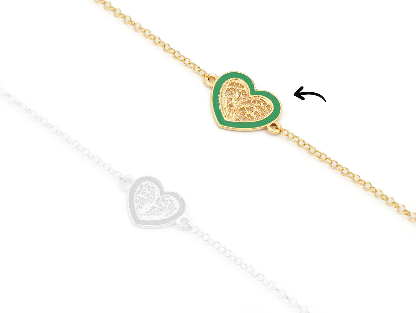 Pulseira Coração Médio Esmalte Verde, Filigrana Portuguesa, Prata de Lei 925 Dourada - Comparação