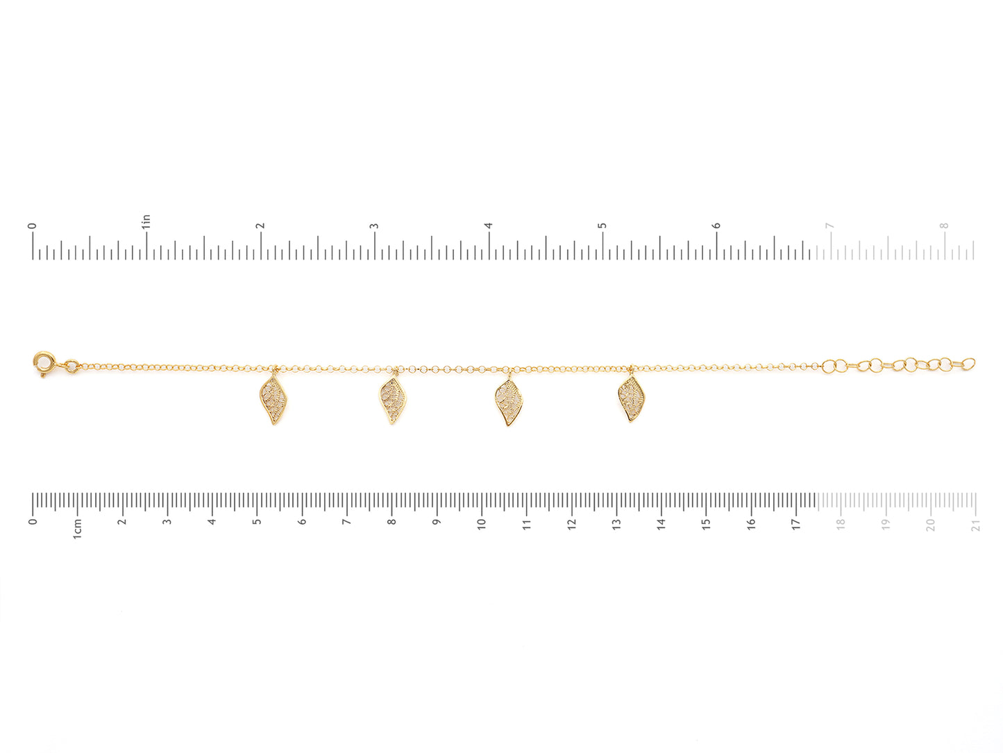 Pulseira Folhinhas, Filigrana Portuguesa, Prata de Lei 925 Dourada - Medidas