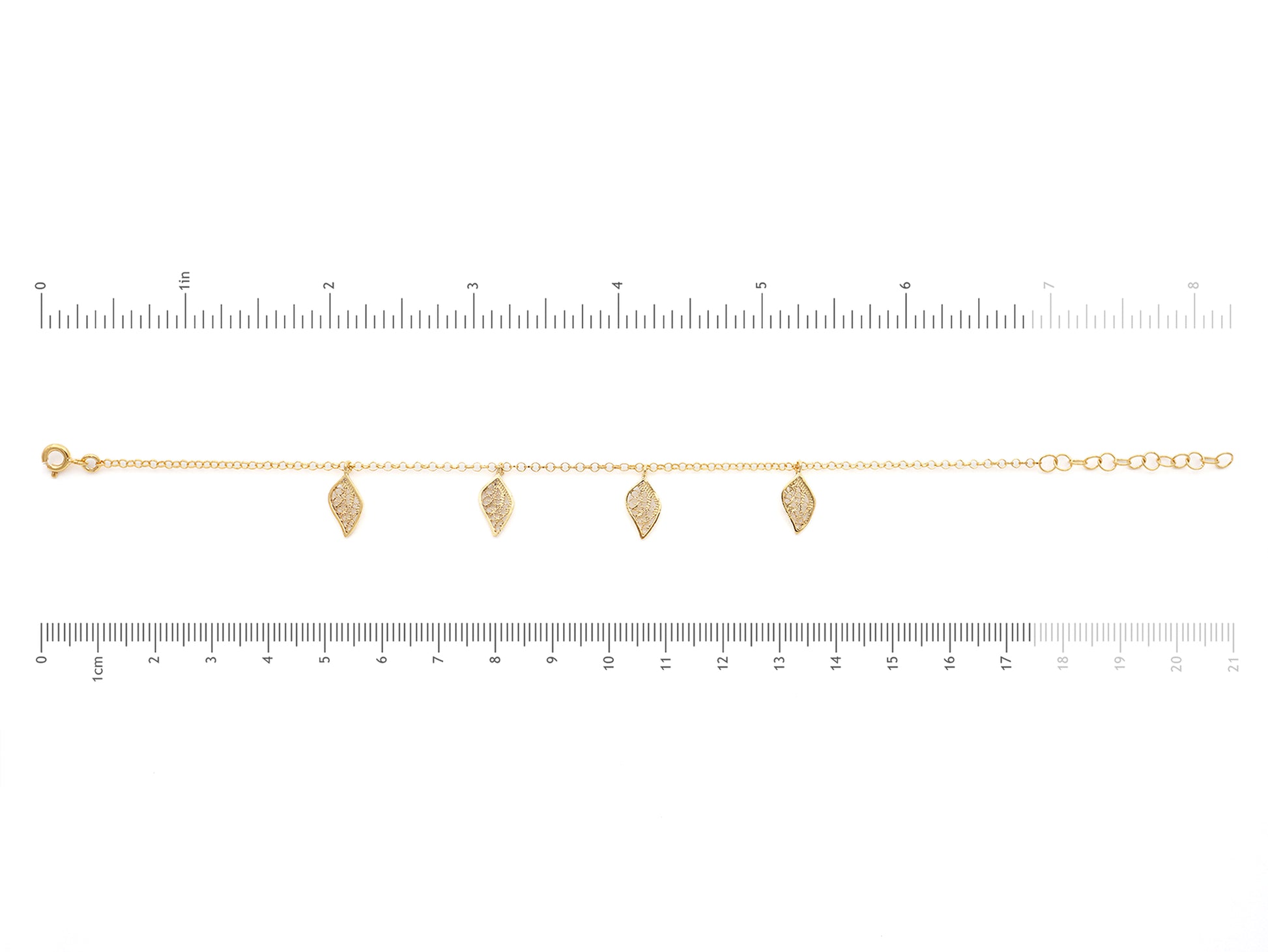 Pulseira Folhinhas, Filigrana Portuguesa, Prata de Lei 925 Dourada - Medidas