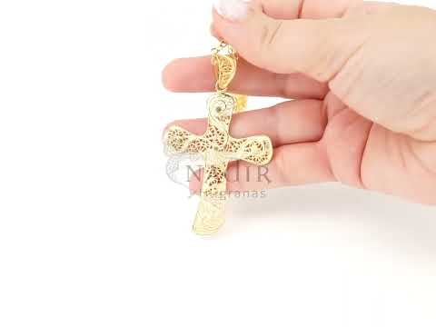 Colar Cruz Extra Grande, Filigrana Portuguesa, Prata de Lei 925 Dourada - Vídeo