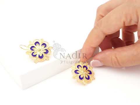 Brincos Redondos Grandes com Esmalte Azul, Filigrana Portuguesa, Prata de Lei 925 Dourada - Vídeo