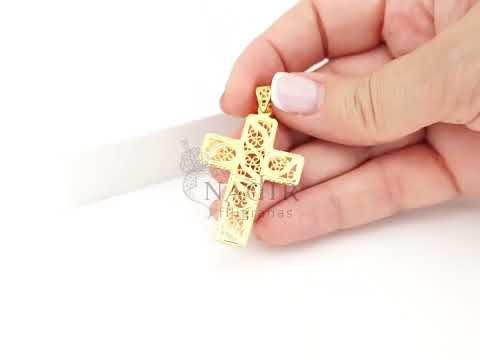 Medalha Cruz Rectangular, Filigrana Portuguesa, Prata de Lei 925 Dourada - Vídeo