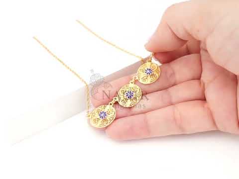 Colar Três Ovais com Flor Esmaltada, Filigrana Portuguesa, Prata de Lei 925 Dourada - Vídeo