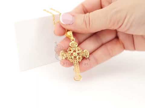 Colar Torcido com Cruz, Filigrana Portuguesa, Prata de Lei 925 Dourada - Vídeo