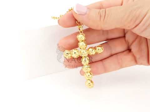 Colar Cruz Grande com 11 Contas de Viana 8 mm, Filigrana Portuguesa, Prata de Lei 925 Dourada - Vídeo
