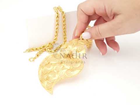 Colar Corda com Coração de Viana Extra Grande, Filigrana Portuguesa, Prata de Lei 925 Dourada - Vídeo