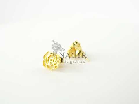 Brincos Rosas Pequenas, Filigrana Portuguesa, Prata de Lei 925 Dourada - Video
