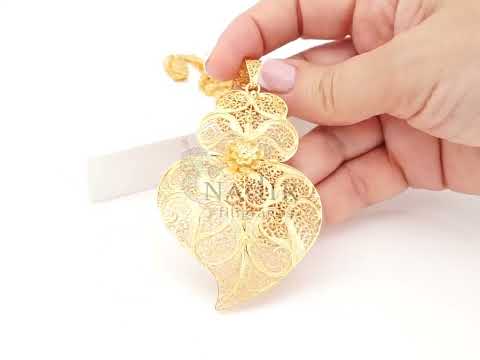 Colar Trancelim Extra Comprido com Coração de Viana Grande, Filigrana Portuguesa, Prata de Lei 925 Dourada - Vídeo